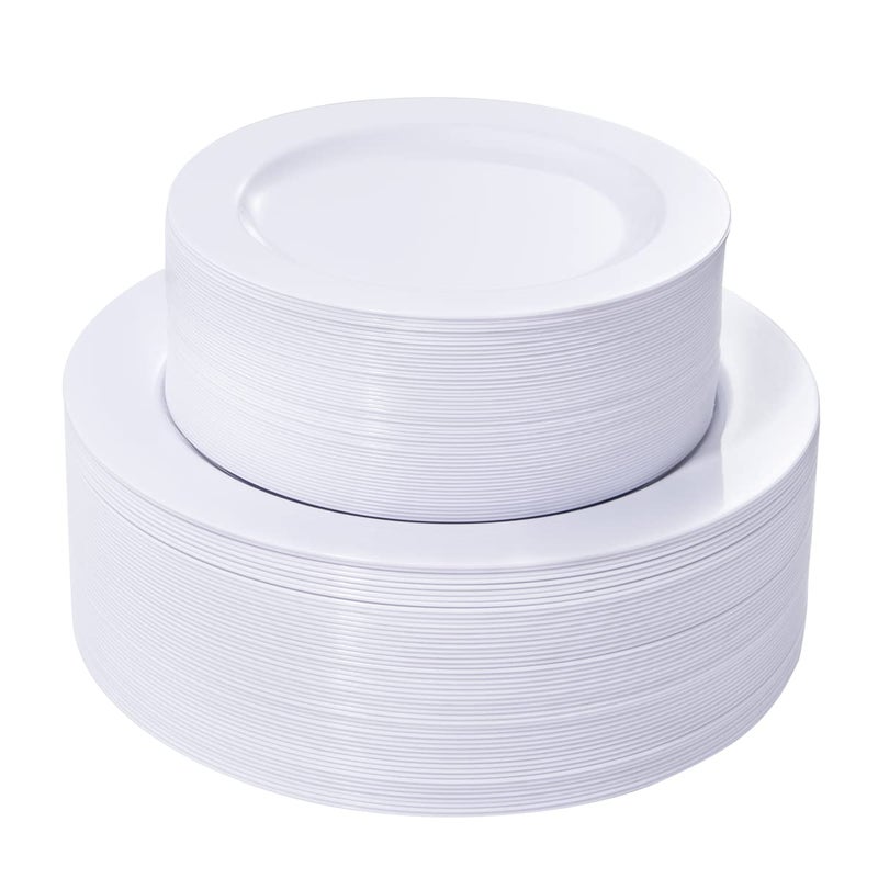 FLOWERCAT 100PCS White Plastic Plates-Heavy Duty White Disposable Plates for Christmas/Easter/Party/Wedding -Serve 50 guests 10.25inch & 7.5inch - Image 1