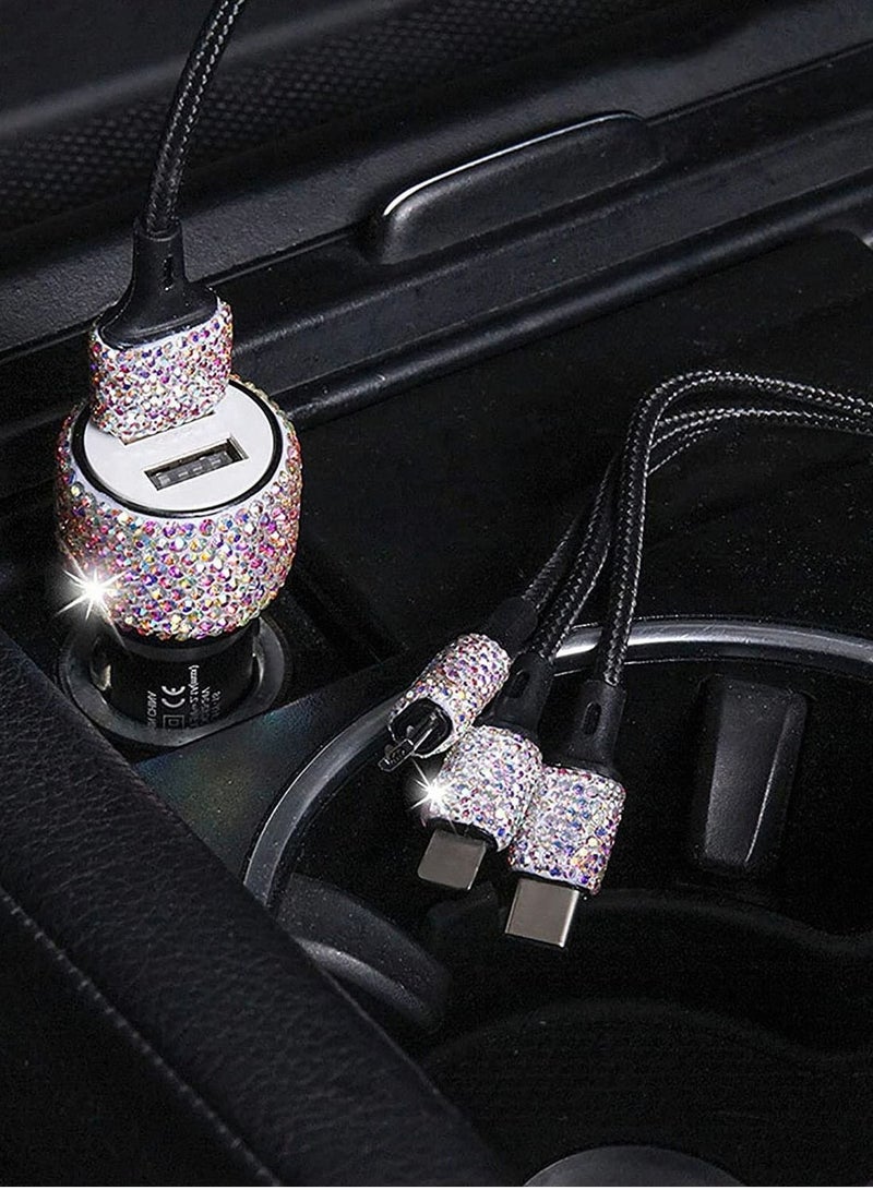Captaintech Fast Car Charger Adapter 3-in-1 Dual USB Quick Charge Multicolor Crystal Car Accessories Decor Phone Power Adapter with Type C/Micro USB/iPhone Port Cable - Image 3