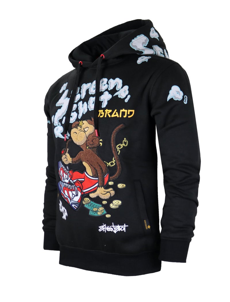 SCREENSHOT-H1171 Mens Urban Hip Hop Premium Streetwear Fleece Hoodie - Smoke Pipe Cartoon Character Monkey Embroidery Patch Pullover Sweatshirt-Black-Small - Image 1