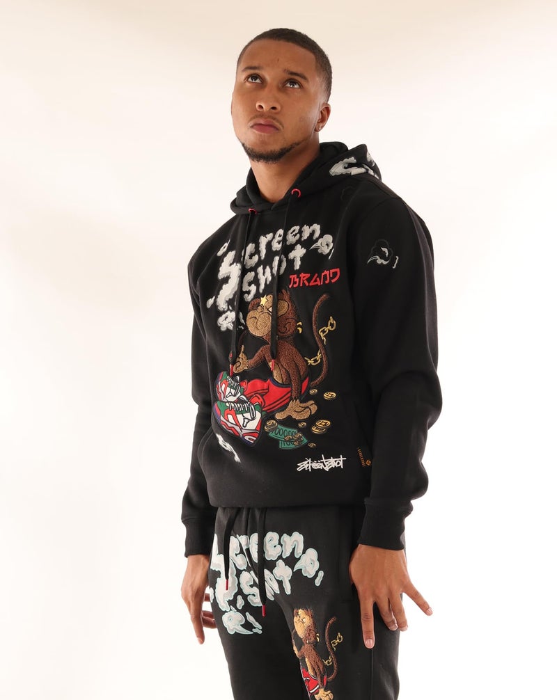 SCREENSHOT-H1171 Mens Urban Hip Hop Premium Streetwear Fleece Hoodie - Smoke Pipe Cartoon Character Monkey Embroidery Patch Pullover Sweatshirt-Black-Small - Image 3