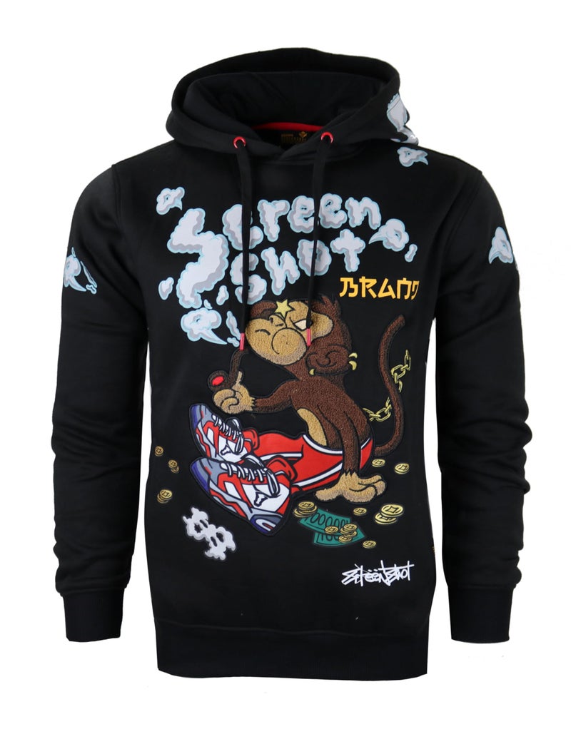 SCREENSHOT-H1171 Mens Urban Hip Hop Premium Streetwear Fleece Hoodie - Smoke Pipe Cartoon Character Monkey Embroidery Patch Pullover Sweatshirt-Black-Small - Image 4
