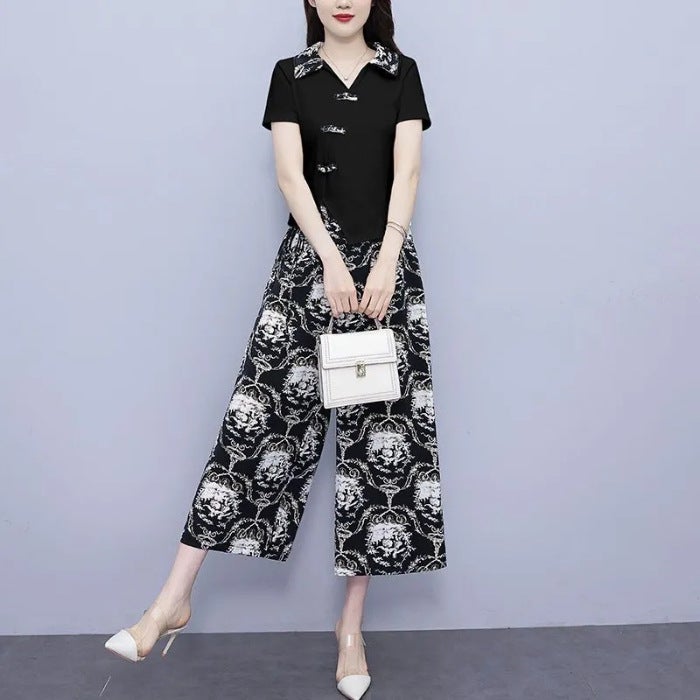 High-end National Style Buckle Short-sleeved Top Floral Wide-leg Pants Two-piece Set Summer New chubby girl Soft plus size suit Black - Image 1