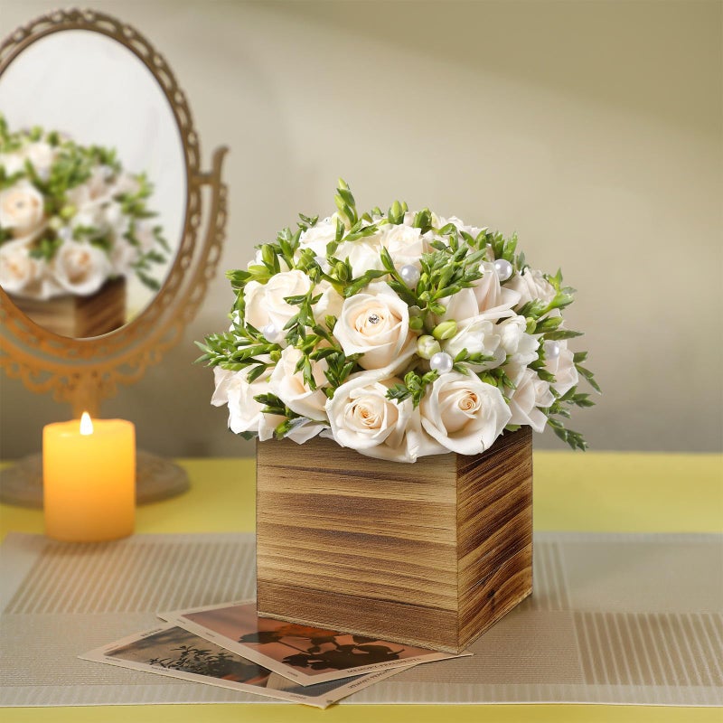 Suzile 12 Set 4 Inch Wooden Planter Box Flower Square vases for Centerpiece Rustic Cube Planter Box with Removable Foam Blocks Liner Square Vase Craft for Garden Home(Burn Wood Color) - Image 3