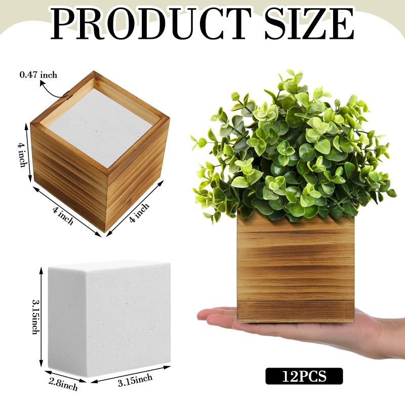 Suzile 12 Set 4 Inch Wooden Planter Box Flower Square vases for Centerpiece Rustic Cube Planter Box with Removable Foam Blocks Liner Square Vase Craft for Garden Home(Burn Wood Color) - Image 2
