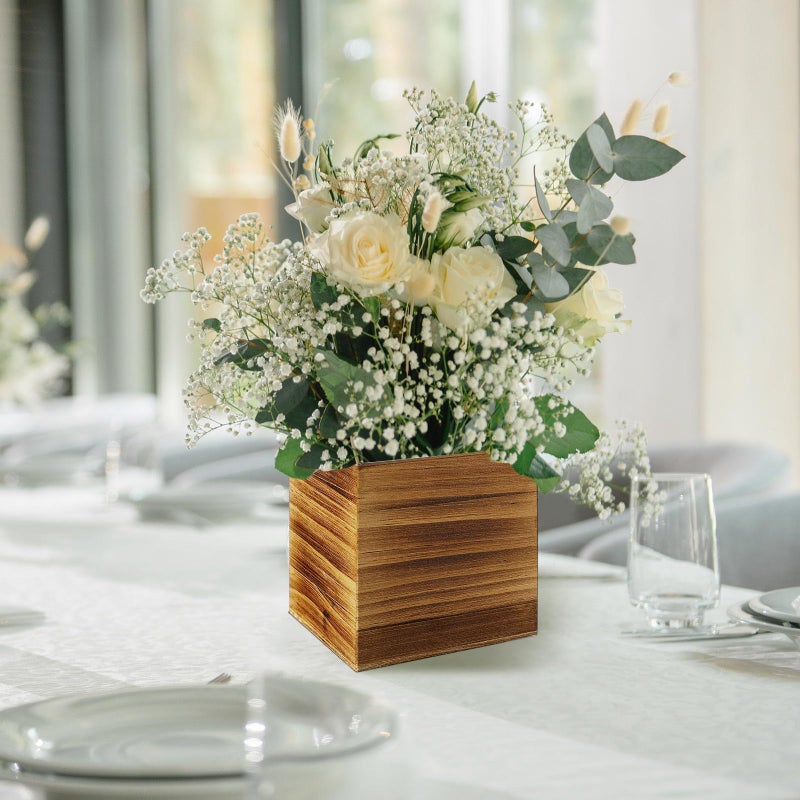 Suzile 12 Set 4 Inch Wooden Planter Box Flower Square vases for Centerpiece Rustic Cube Planter Box with Removable Foam Blocks Liner Square Vase Craft for Garden Home(Burn Wood Color) - Image 5