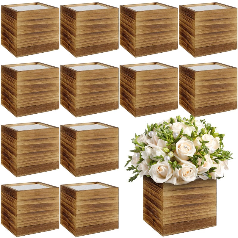 Suzile 12 Set 4 Inch Wooden Planter Box Flower Square vases for Centerpiece Rustic Cube Planter Box with Removable Foam Blocks Liner Square Vase Craft for Garden Home(Burn Wood Color) - Image 1