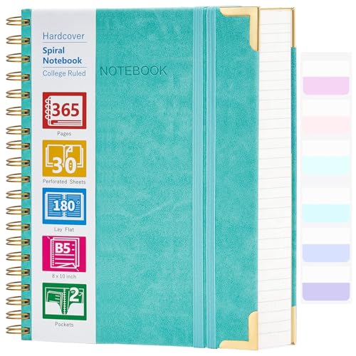 Amanple Spiral Notebook, 365 Page Hardcover Leather Notebook Journal, Large B5 Lined Journal for Women Men, College Ruled Notebooks for Work School, Journals for Writing, 24pcs Index Tabs, 8" x 10", Teal - Image 1