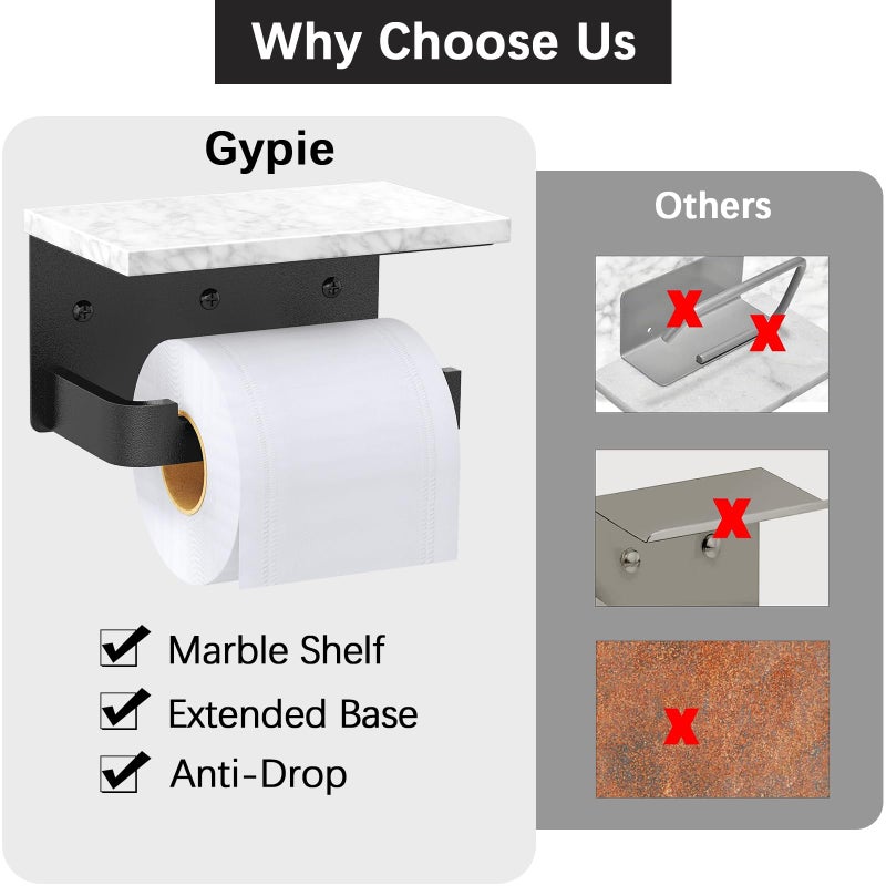 Gypie Toilet Paper Holder with Shelf, Extended Base Wall Mounted, Marble Toilet Roll Holder Black for Bathroom Washroom - Image 4