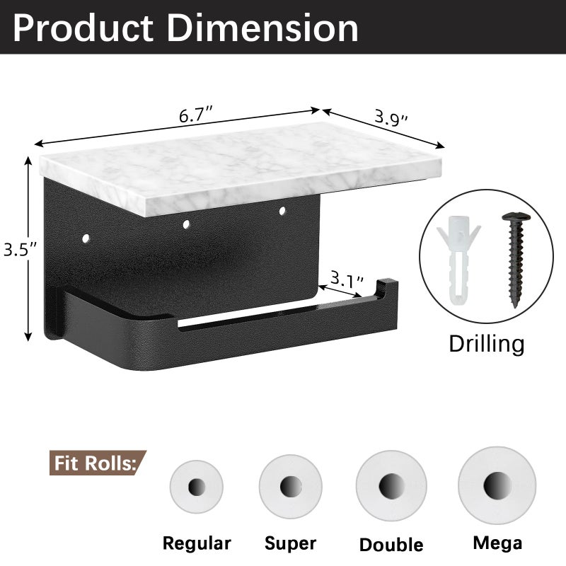 Gypie Toilet Paper Holder with Shelf, Extended Base Wall Mounted, Marble Toilet Roll Holder Black for Bathroom Washroom - Image 3