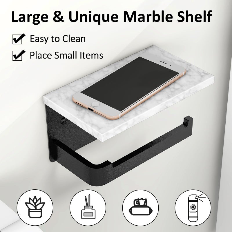 Gypie Toilet Paper Holder with Shelf, Extended Base Wall Mounted, Marble Toilet Roll Holder Black for Bathroom Washroom - Image 5