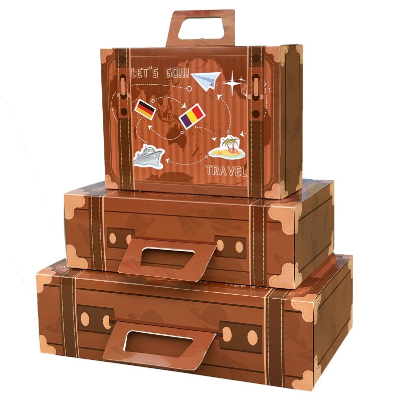 8HREST 6 Pcs Large Vintage Travel Suitcase Box Travel Party Decorations Paperboard Suitcases Gift Box Decorative Set of 3 Small Stackable Storage Chests Decor for Themed Party Favors Brown - Image 2
