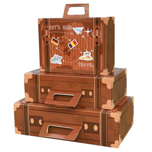 8HREST 6 Pcs Large Vintage Travel Suitcase Box Travel Party Decorations Paperboard Suitcases Gift Box Decorative Set of 3 Small Stackable Storage Chests Decor for Themed Party Favors Brown - Image 1