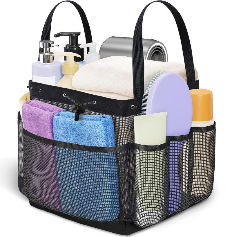 SmartTrends Mesh Shower Caddy Portable with Drawstring, 1 Main Compartment+ 7 Pockets, College Dorm Room Essentials for Girls, Shower Organizer Hanging Bag for Beach, Camp, Swim, Gym, Travel(Black) - Image 1