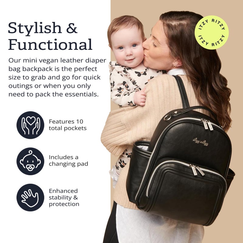 Itzy Ritzy Mini Diaper Bag Backpack â€“ Chic, Compact Mini Plus Backpack with Changing Pad, 10 Pockets (6 Internal, 4 External), Grab-Top Handle & Rubber Feet (Black w/Silver Hardware) - Image 3