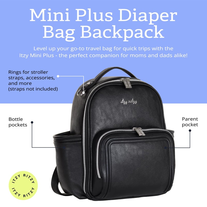Itzy Ritzy Mini Diaper Bag Backpack â€“ Chic, Compact Mini Plus Backpack with Changing Pad, 10 Pockets (6 Internal, 4 External), Grab-Top Handle & Rubber Feet (Black w/Silver Hardware) - Image 2