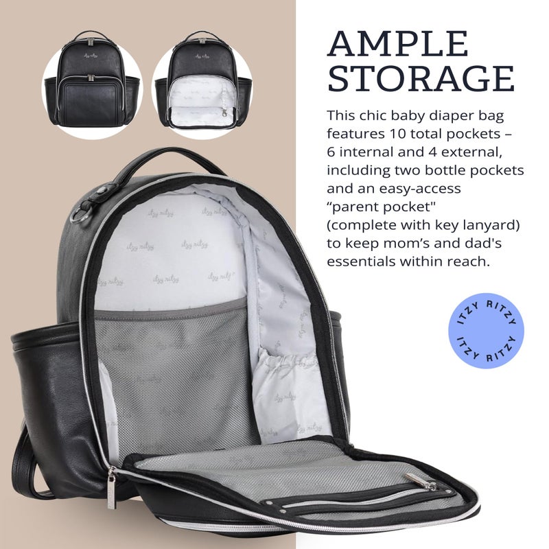 Itzy Ritzy Mini Diaper Bag Backpack â€“ Chic, Compact Mini Plus Backpack with Changing Pad, 10 Pockets (6 Internal, 4 External), Grab-Top Handle & Rubber Feet (Black w/Silver Hardware) - Image 4