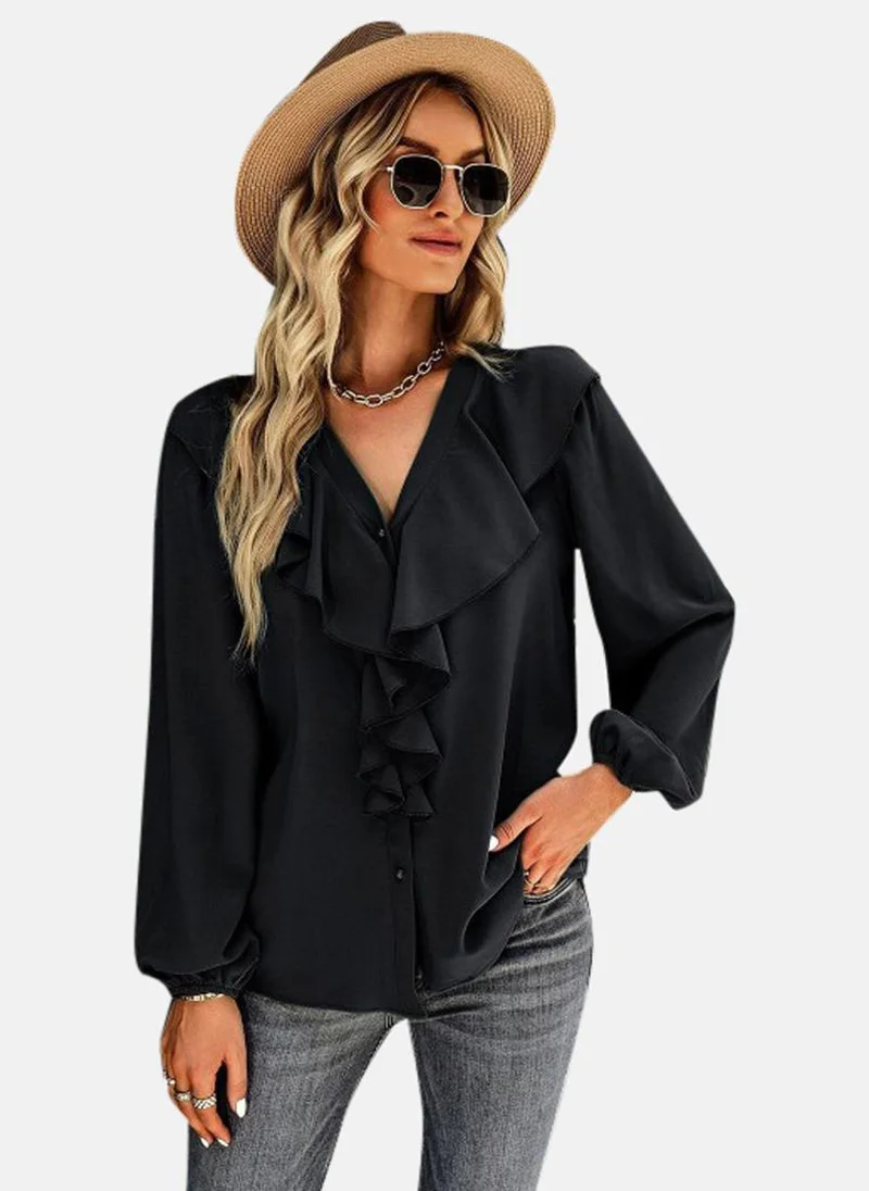 YUNIQEE Black V-Neck Self Design Top