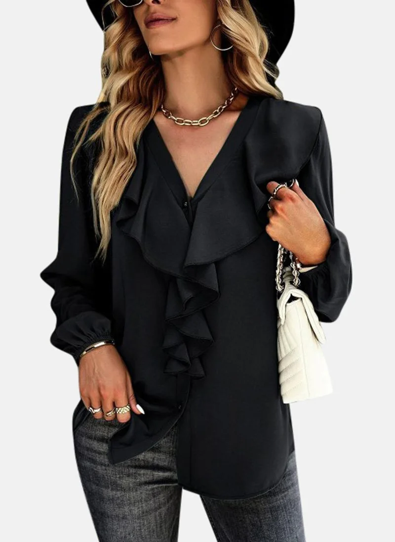 YUNIQEE Black V-Neck Self Design Top
