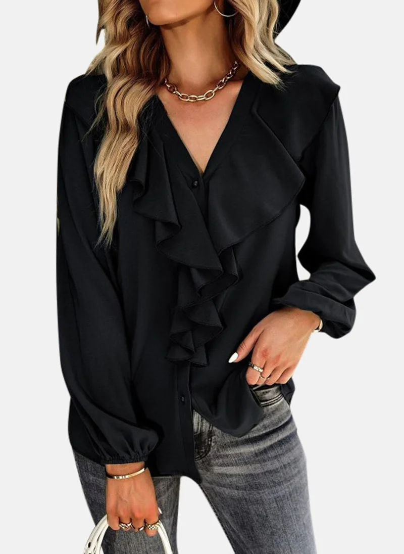 YUNIQEE Black V-Neck Self Design Top
