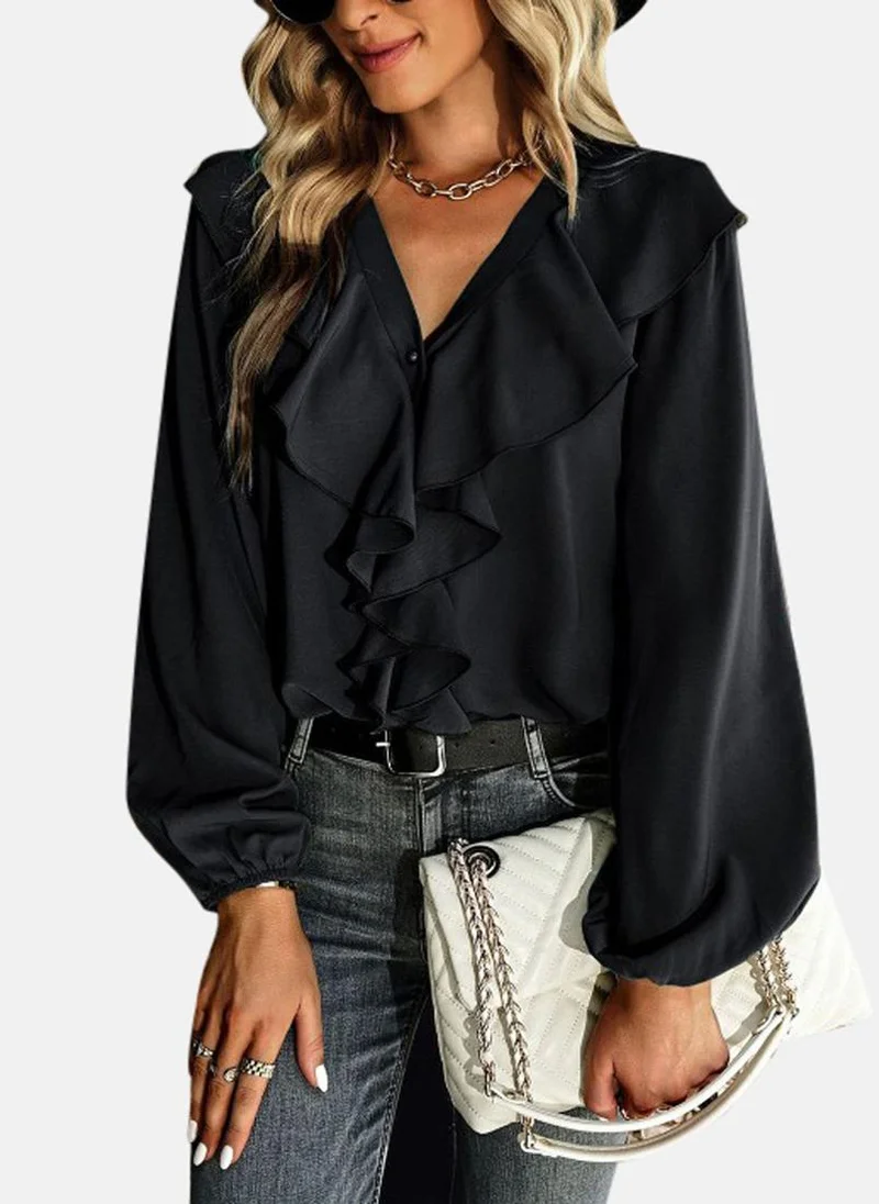 YUNIQEE Black V-Neck Self Design Top