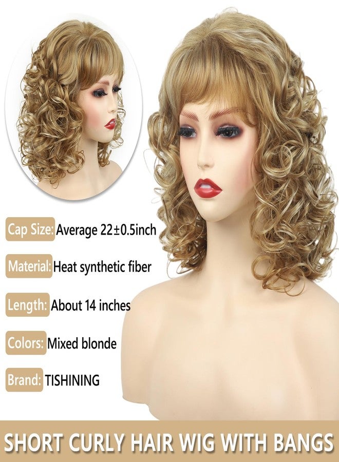 TISHINING Short Blonde Curly Wig with Bangs for White Women Shoulder Length Mixed Blonde Shaggy Curly Synthetic Full Wig Natural Looking Daily Party Halloween Costume Wig - Image 4