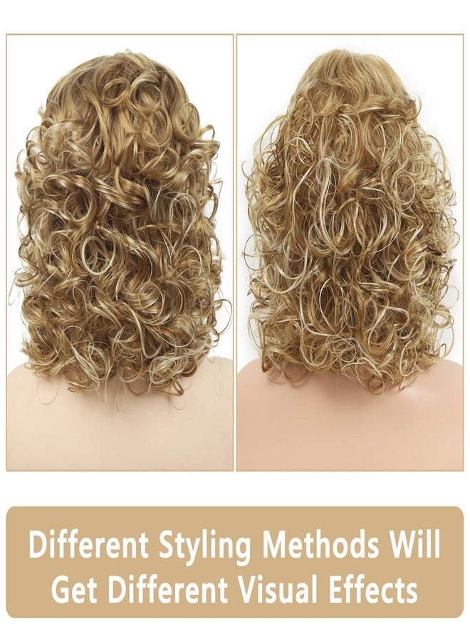TISHINING Short Blonde Curly Wig with Bangs for White Women Shoulder Length Mixed Blonde Shaggy Curly Synthetic Full Wig Natural Looking Daily Party Halloween Costume Wig - Image 5