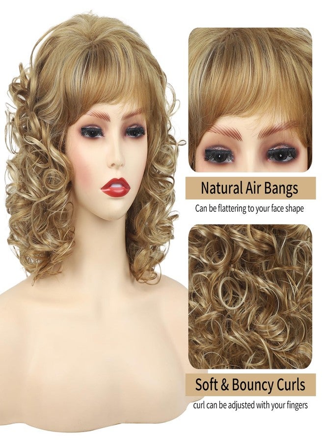 TISHINING Short Blonde Curly Wig with Bangs for White Women Shoulder Length Mixed Blonde Shaggy Curly Synthetic Full Wig Natural Looking Daily Party Halloween Costume Wig - Image 3