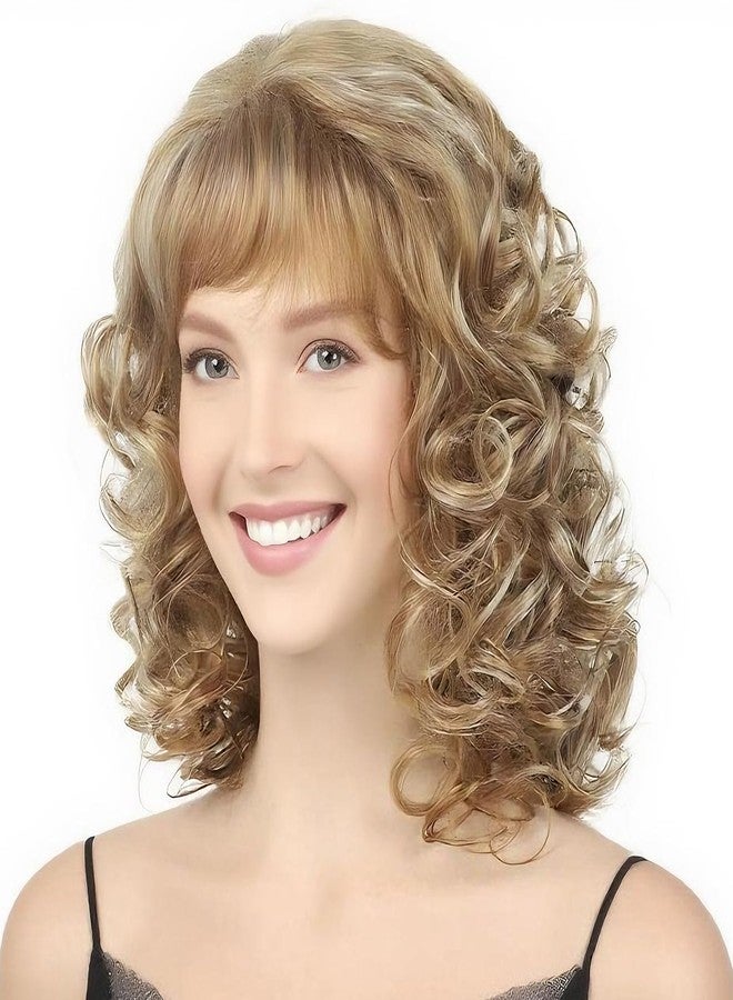 TISHINING Short Blonde Curly Wig with Bangs for White Women Shoulder Length Mixed Blonde Shaggy Curly Synthetic Full Wig Natural Looking Daily Party Halloween Costume Wig - Image 1