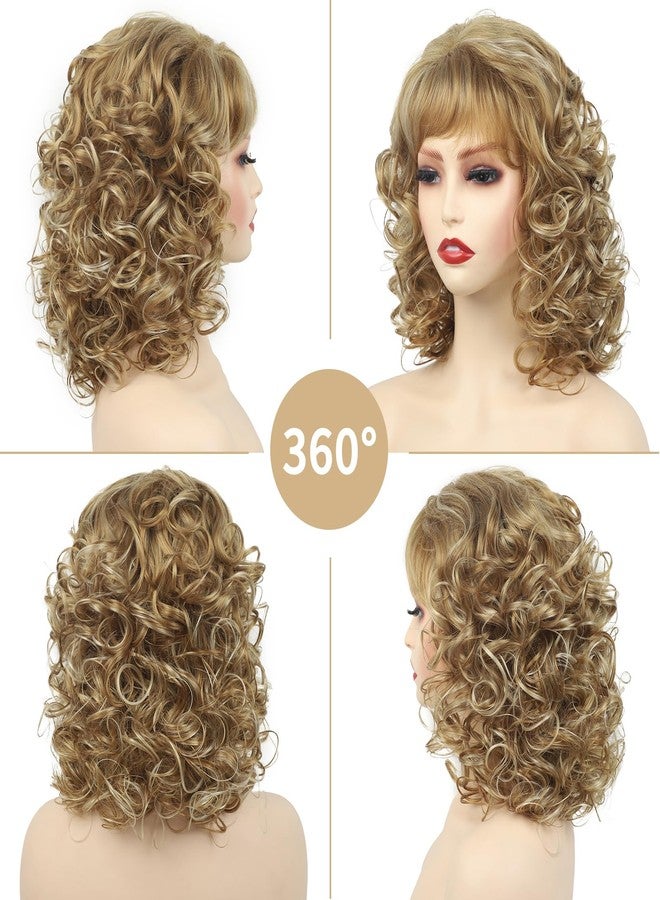 TISHINING Short Blonde Curly Wig with Bangs for White Women Shoulder Length Mixed Blonde Shaggy Curly Synthetic Full Wig Natural Looking Daily Party Halloween Costume Wig - Image 2