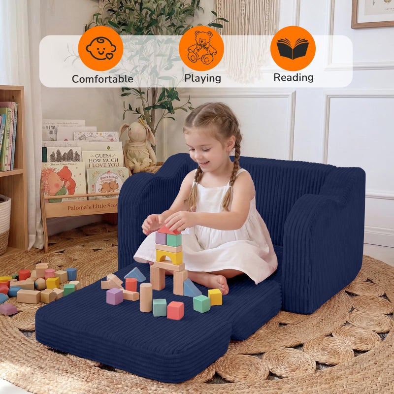 MeMoreCool Toddler Corduroy Chair â€“ 2-in-1 Foldable Sofa Bed, Navy | Ages 1â€“3, Lightweight & Compact, Washable Cover for Nursery & Travel - Image 2