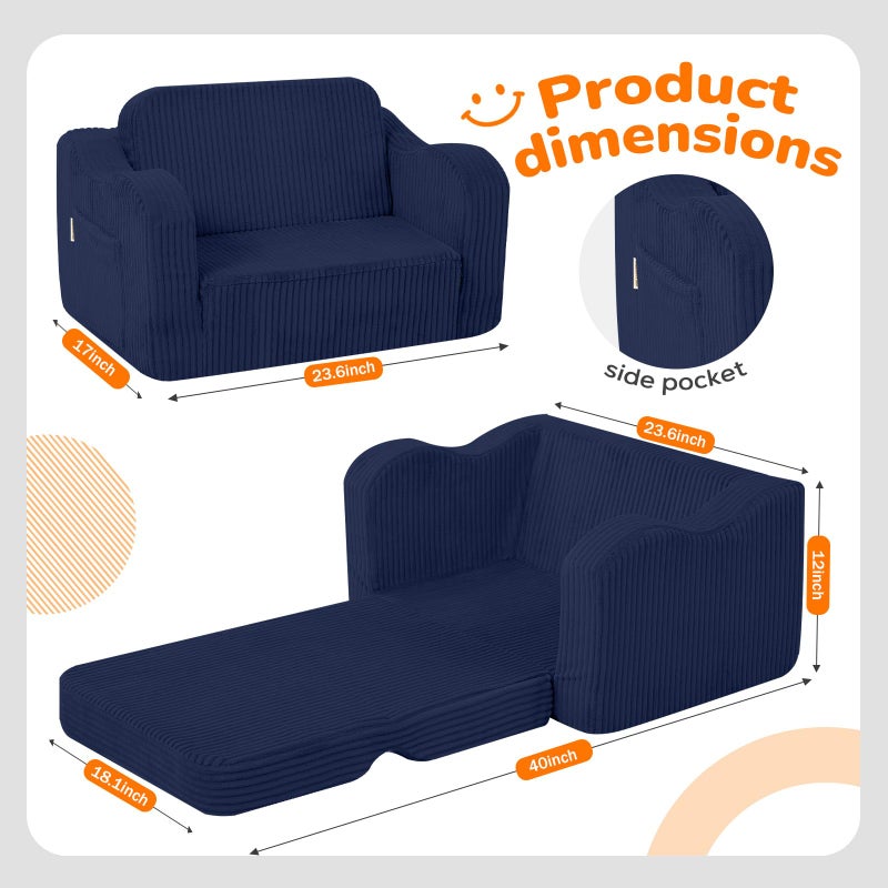 MeMoreCool Toddler Corduroy Chair â€“ 2-in-1 Foldable Sofa Bed, Navy | Ages 1â€“3, Lightweight & Compact, Washable Cover for Nursery & Travel - Image 3