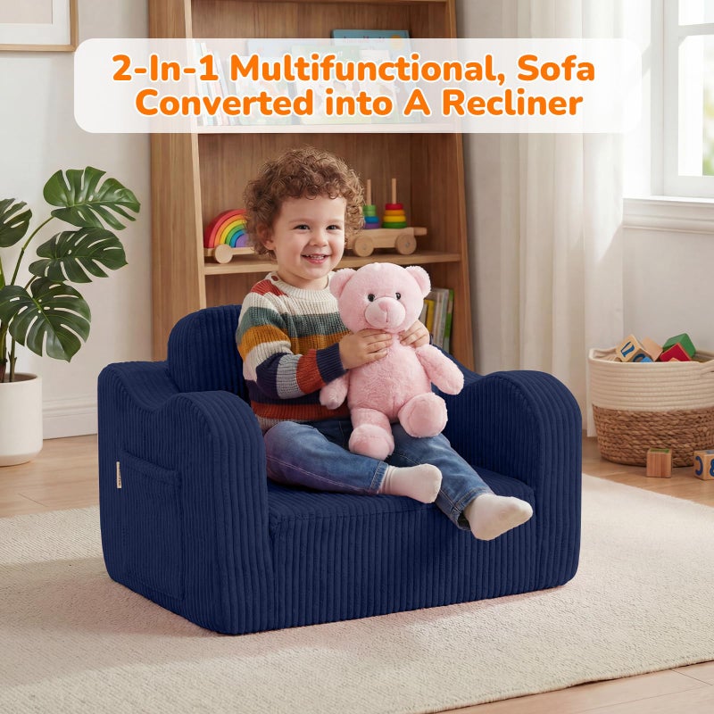 MeMoreCool Toddler Corduroy Chair â€“ 2-in-1 Foldable Sofa Bed, Navy | Ages 1â€“3, Lightweight & Compact, Washable Cover for Nursery & Travel - Image 5