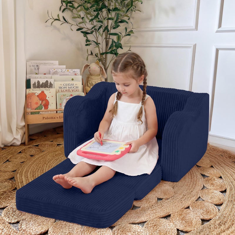 MeMoreCool Toddler Corduroy Chair â€“ 2-in-1 Foldable Sofa Bed, Navy | Ages 1â€“3, Lightweight & Compact, Washable Cover for Nursery & Travel - Image 4