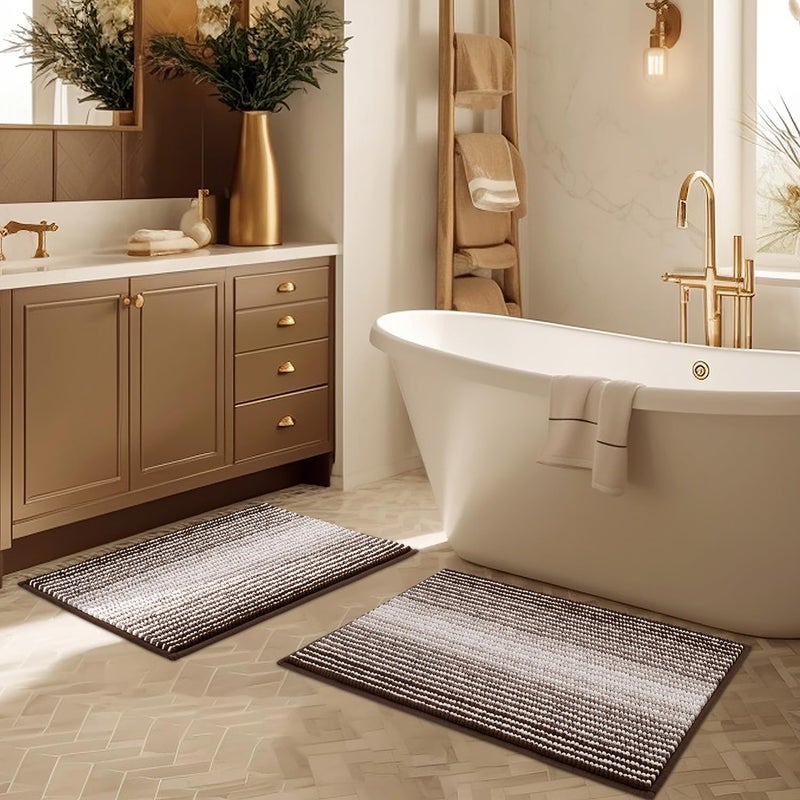 BSICPRO Bathroom Rugs and Mats Sets, 2 Piece Thick Absorbent Chenille Bath Mat Rug Set Non Slip, Soft Shaggy Bath Room Floor Mats for Bathroom, Machine Washable (Brown, 20" x 32" Plus 16" x 24") - Image 1