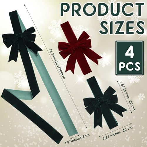 Knitgrip Set of 4 Christmas Velvet Cabinet Ribbon Bows 78 Inch Festive Large Xmas Bow Artificial Front Door Holiday Ribbons for Party Furniture Room Kitchen DecorationsRedGreen - Image 3