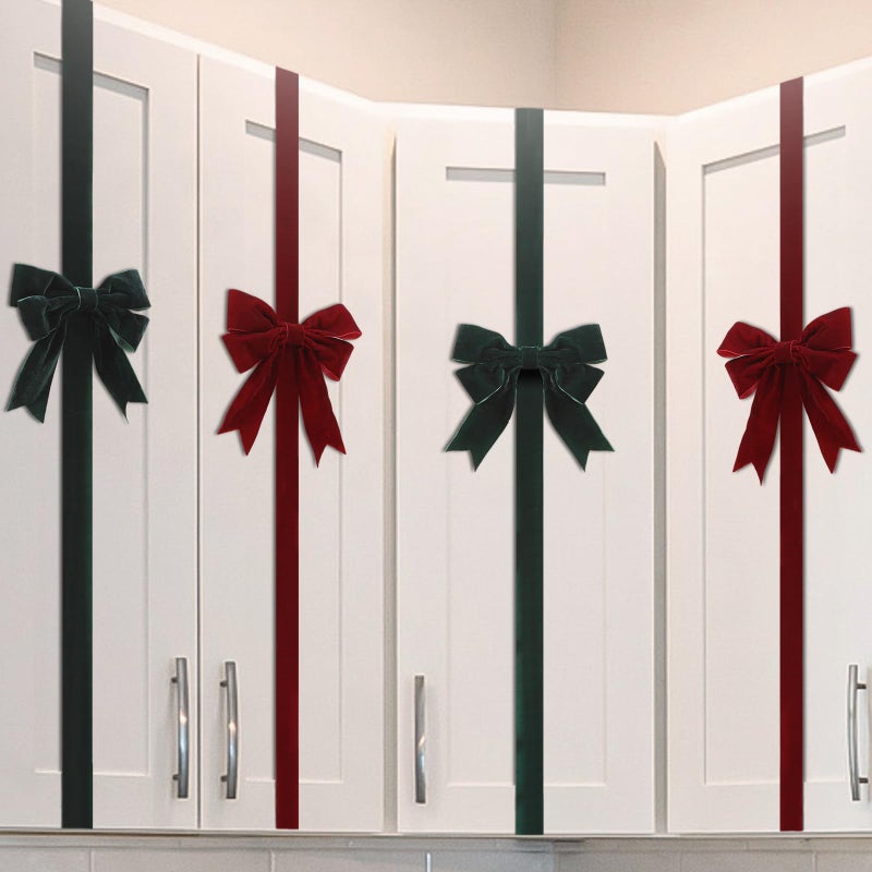 Knitgrip Set of 4 Christmas Velvet Cabinet Ribbon Bows 78 Inch Festive Large Xmas Bow Artificial Front Door Holiday Ribbons for Party Furniture Room Kitchen DecorationsRedGreen - Image 2