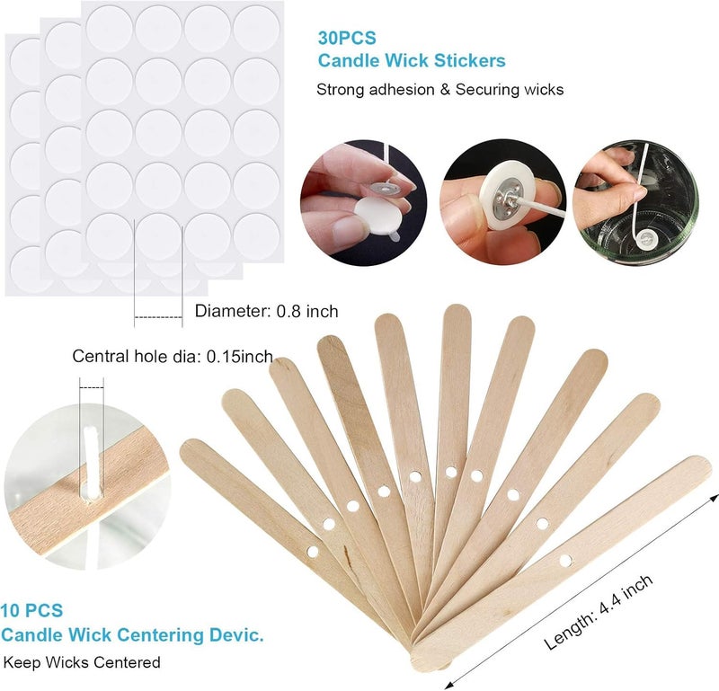 FirstTry Candle Making Combo - 100Pcs Cotton Wick with 10Pcs Wood Candle Wick Holder and 3 Sheets Transparent Double-Sided Sticker Dots I for Homemade DIY Candle Decorating Art Crafts (20cm) - Image 3