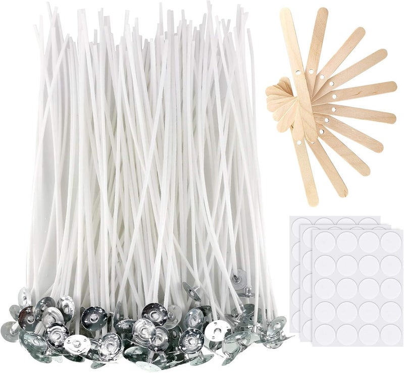 FirstTry Candle Making Combo - 100Pcs Cotton Wick with 10Pcs Wood Candle Wick Holder and 3 Sheets Transparent Double-Sided Sticker Dots I for Homemade DIY Candle Decorating Art Crafts (20cm) - Image 1