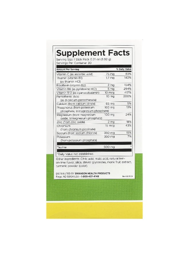 Swanson, Simply Hydrate, Electrolyte Hydration Mix, Lemon-Lime, 30 Stick Packs, 0.21 oz (5.92 g) Each - Image 2