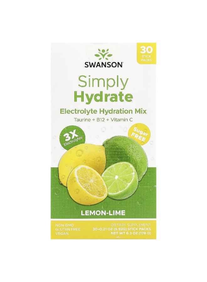 Swanson, Simply Hydrate, Electrolyte Hydration Mix, Lemon-Lime, 30 Stick Packs, 0.21 oz (5.92 g) Each - Image 1