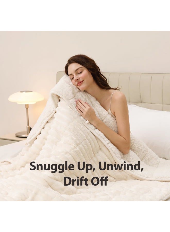UINIU Weighted Blanket for Adults Twin/Full Size, Thick Heavy Blanket for Relax and Deep Sleep, Dimensional Ribbed Fleece and Warm Sherpa, Small Compartments with Glass Beads (48" x 72" 15 lbs, White) - Image 5