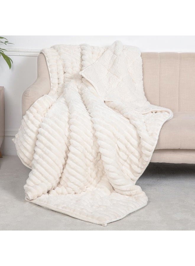 UINIU Weighted Blanket for Adults Twin/Full Size, Thick Heavy Blanket for Relax and Deep Sleep, Dimensional Ribbed Fleece and Warm Sherpa, Small Compartments with Glass Beads (48" x 72" 15 lbs, White) - Image 1