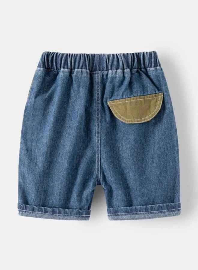 يونيكي Blue Regular Fit Mid Rise Colour Blocked Denim Shorts