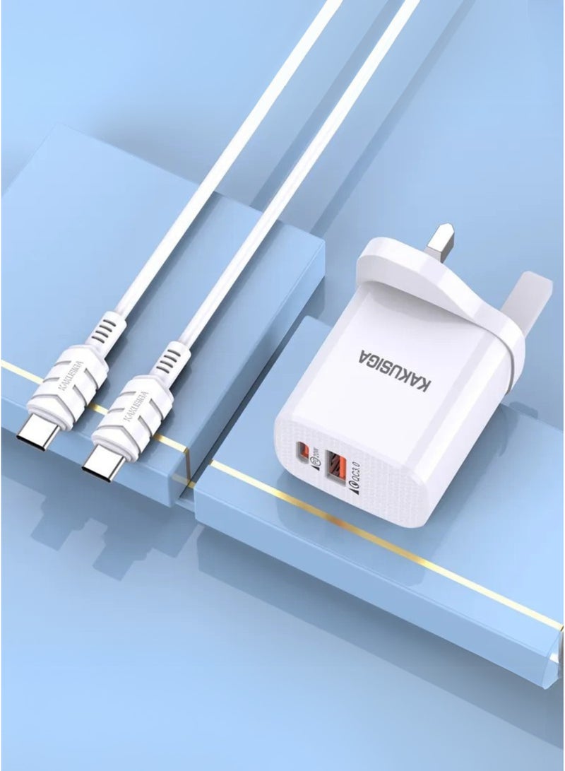 كاكوسيجا شاحن USB C إلى C، شاحن iPhone، شاحن USB سريع مزدوج المنفذ بقوة 20 وات، شاحن من النوع A وPD لهاتف iPhone 16/16 Pro/16 Pro Max/15/14/13/12، iPad Pro/AirPods، Samsung S25/S24/S23 والمزيد (كابل USB-C متضمن) أبيض - Image 2