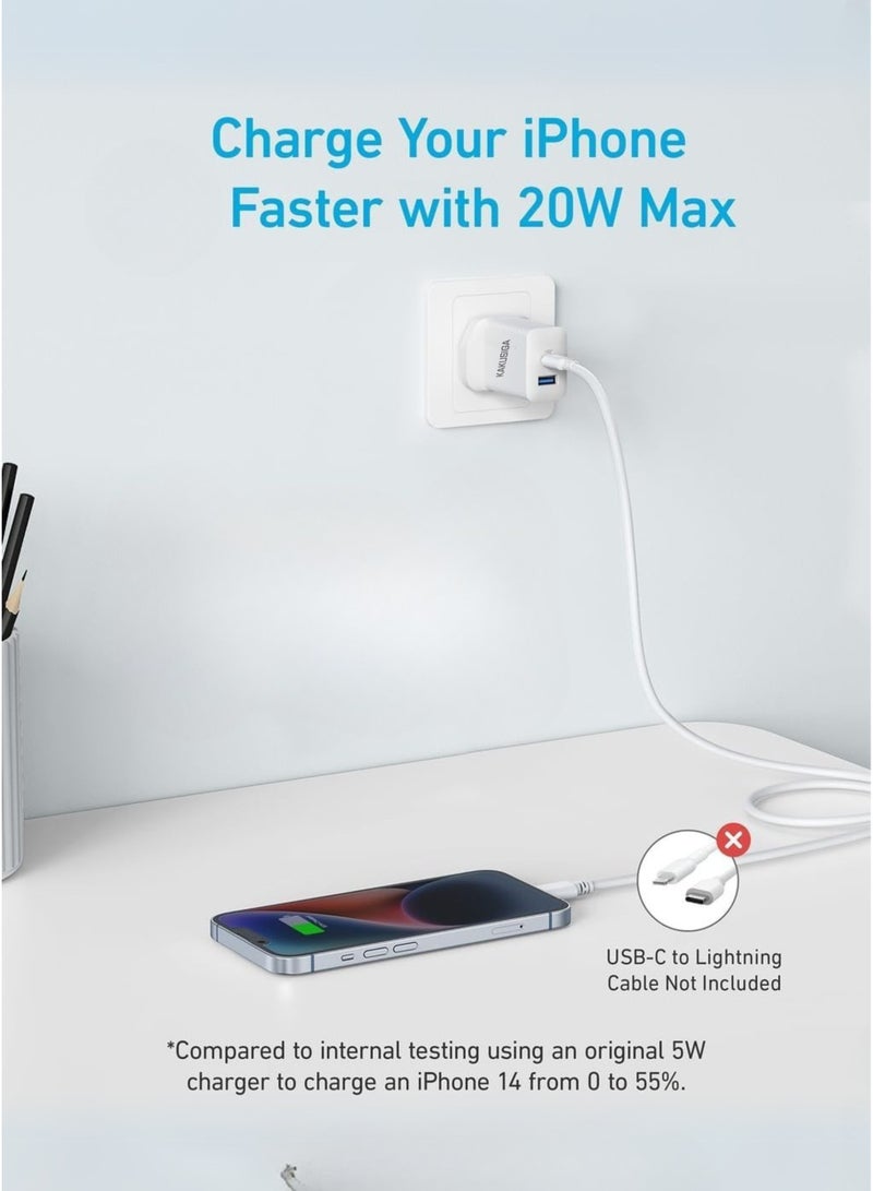 كاكوسيجا شاحن USB C إلى C، شاحن iPhone، شاحن USB سريع مزدوج المنفذ بقوة 20 وات، شاحن من النوع A وPD لهاتف iPhone 16/16 Pro/16 Pro Max/15/14/13/12، iPad Pro/AirPods، Samsung S25/S24/S23 والمزيد (كابل USB-C متضمن) أبيض - Image 4