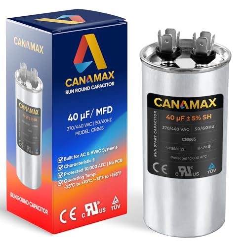 Canamax 40 uF 40 MFD 40uf 40MFD 370-440V AC CBB65 Round Run Start Capacitor by Canamax - Compatible with AC Motor Run or Fan Start and Cool or Heat Pump Air Conditioner 10000AFC - Image 1