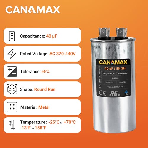 Canamax 40 uF 40 MFD 40uf 40MFD 370-440V AC CBB65 Round Run Start Capacitor by Canamax - Compatible with AC Motor Run or Fan Start and Cool or Heat Pump Air Conditioner 10000AFC - Image 3