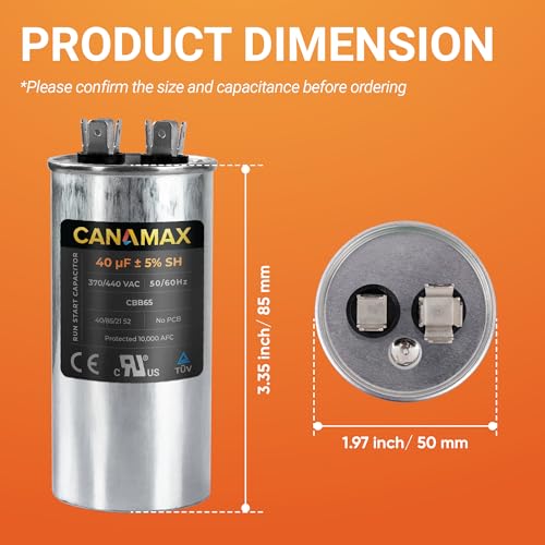 Canamax 40 uF 40 MFD 40uf 40MFD 370-440V AC CBB65 Round Run Start Capacitor by Canamax - Compatible with AC Motor Run or Fan Start and Cool or Heat Pump Air Conditioner 10000AFC - Image 2