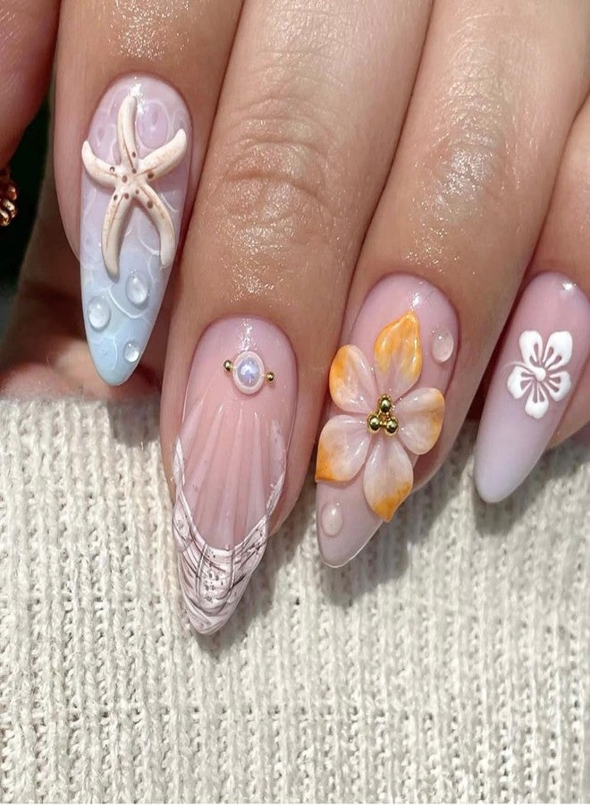 KRTBKR 24Pcs Summer Beach Flower Press on Nails Medium Almond Fake Nails 3D Starfish Seashell with Hibiscus Press Ons Full Cover French Tip False Nails Ocean Manicure Decorations for Women Girls Acrylic DIY - Image 3
