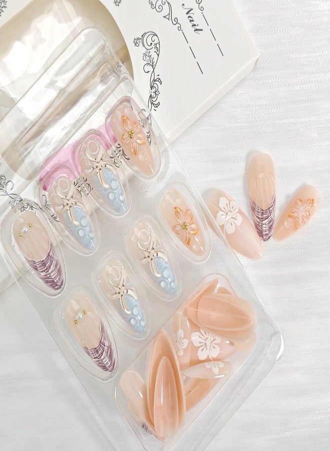 KRTBKR 24Pcs Summer Beach Flower Press on Nails Medium Almond Fake Nails 3D Starfish Seashell with Hibiscus Press Ons Full Cover French Tip False Nails Ocean Manicure Decorations for Women Girls Acrylic DIY - Image 4